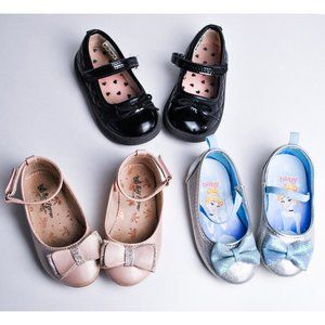 Baby Girls Size 6T Dress Shoe Bundle- 3 Pair Set Black, Pink, and Silver Blue